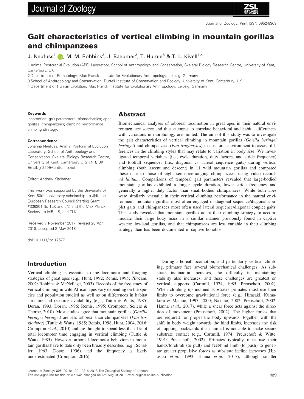 Gait Characteristics of Vertical Climbing in Mountain Gorillas and Chimpanzees J