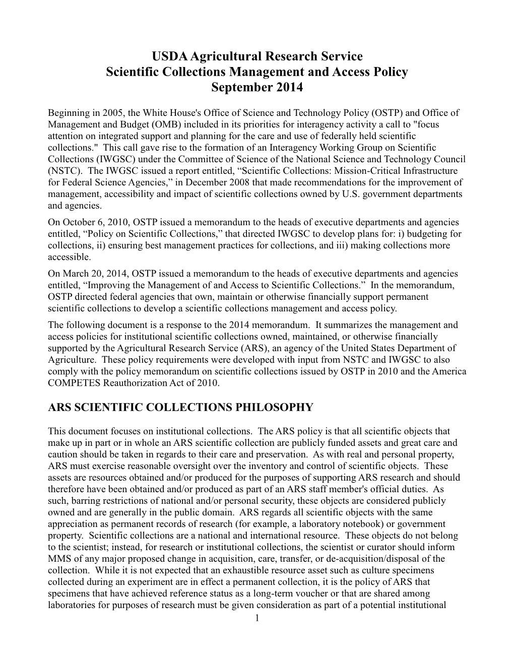 USDA Agricultural Research Service Scientific Collections Management and Access Policy September 2014
