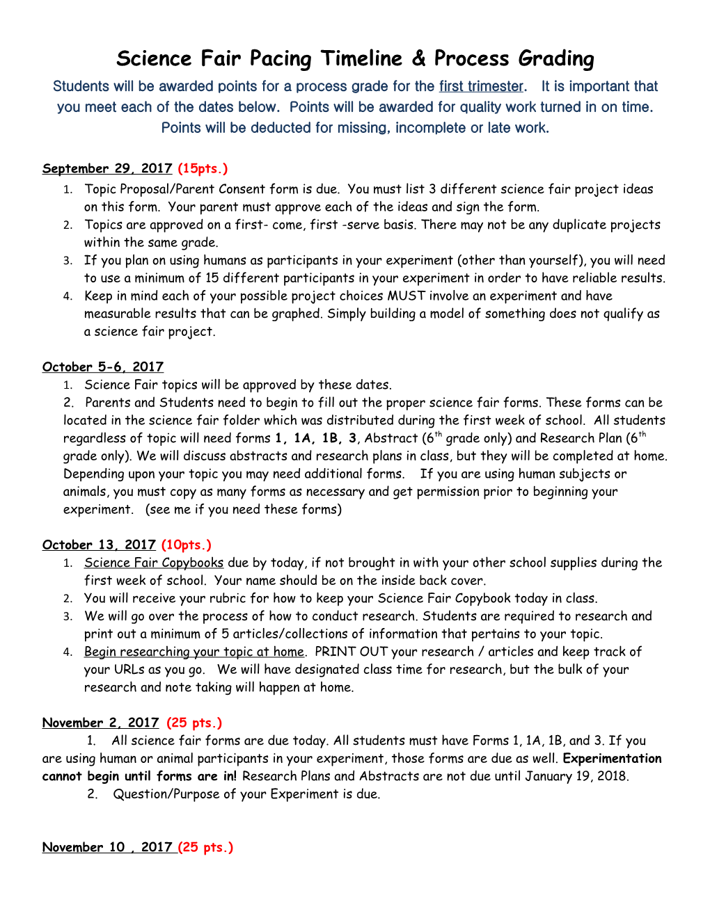 Science Fair Pacing Timeline & Process Grading
