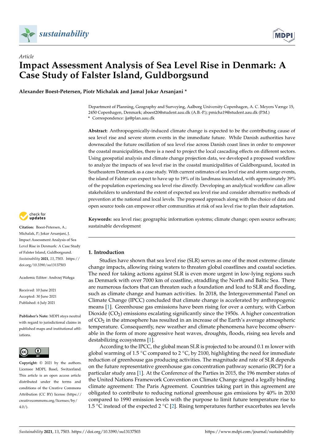 Impact Assessment Analysis of Sea Level Rise in Denmark: a Case Study of Falster Island, Guldborgsund