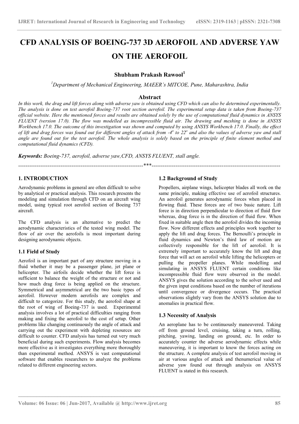 Cfd Analysis of Boeing-737 3D Aerofoil and Adverse Yaw on the Aerofoil