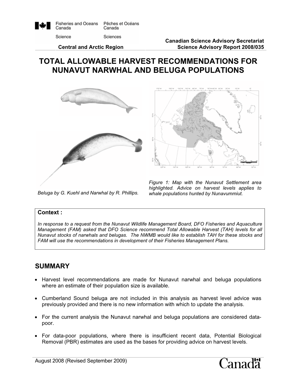 Total Allowable Harvest Recommendations for Nunavut Narwhal and Beluga Populations