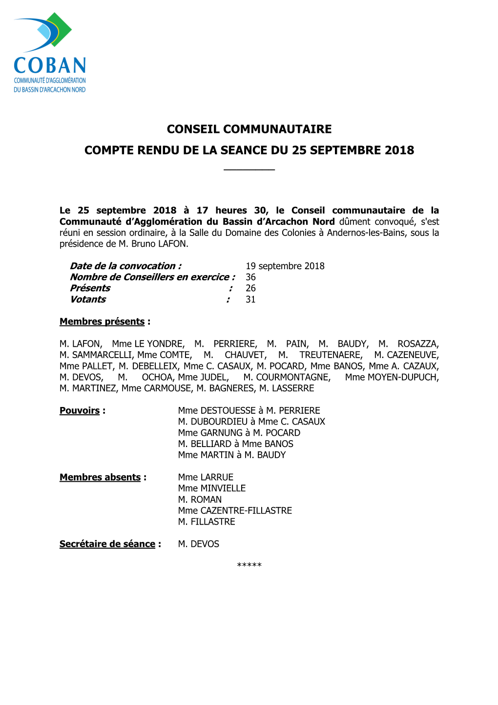 Conseil Communautaire Compte Rendu De La Seance Du 25 Septembre 2018