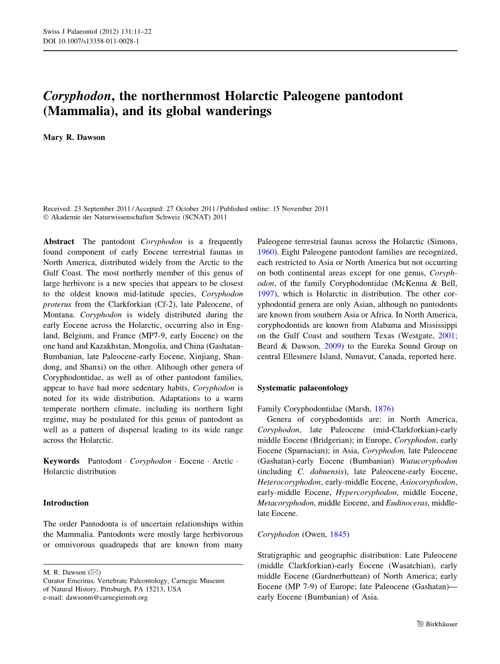 Coryphodon, the Northernmost Holarctic Paleogene Pantodont (Mammalia), and Its Global Wanderings