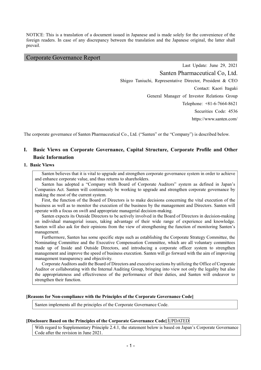 Corporate Governance Report Santen Pharmaceutical Co, Ltd