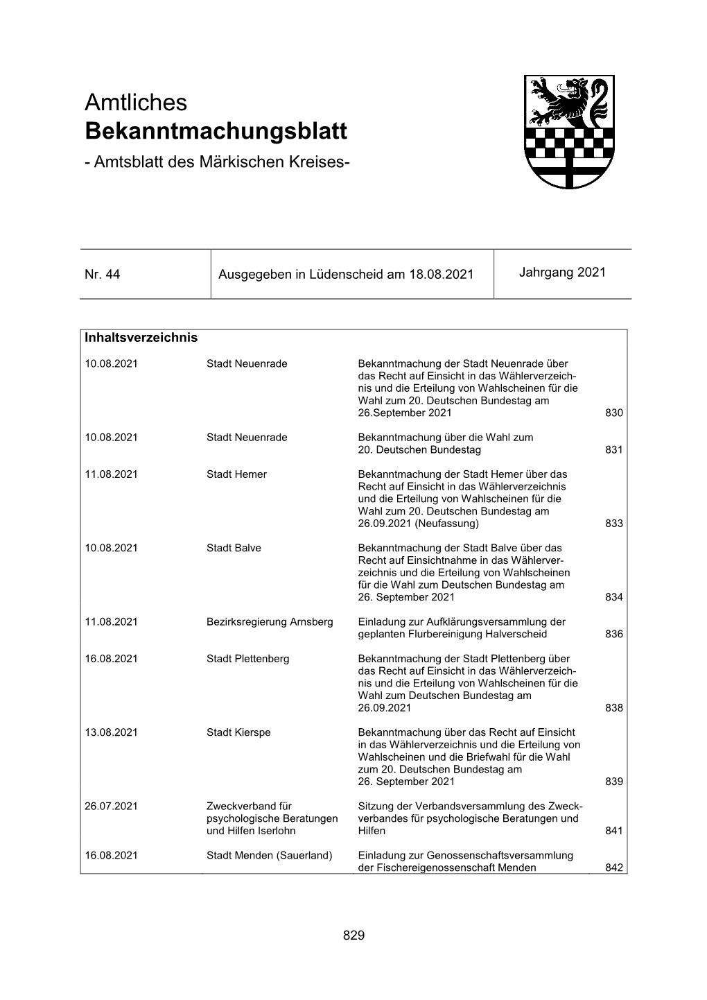 Amtliches Bekanntmachungsblatt - Amtsblatt Des Märkischen Kreises