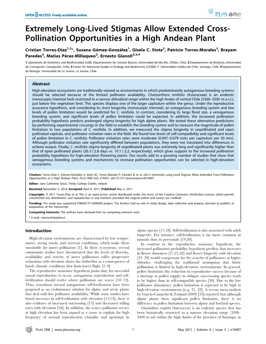 Pollination Opportunities in a High Andean Plant