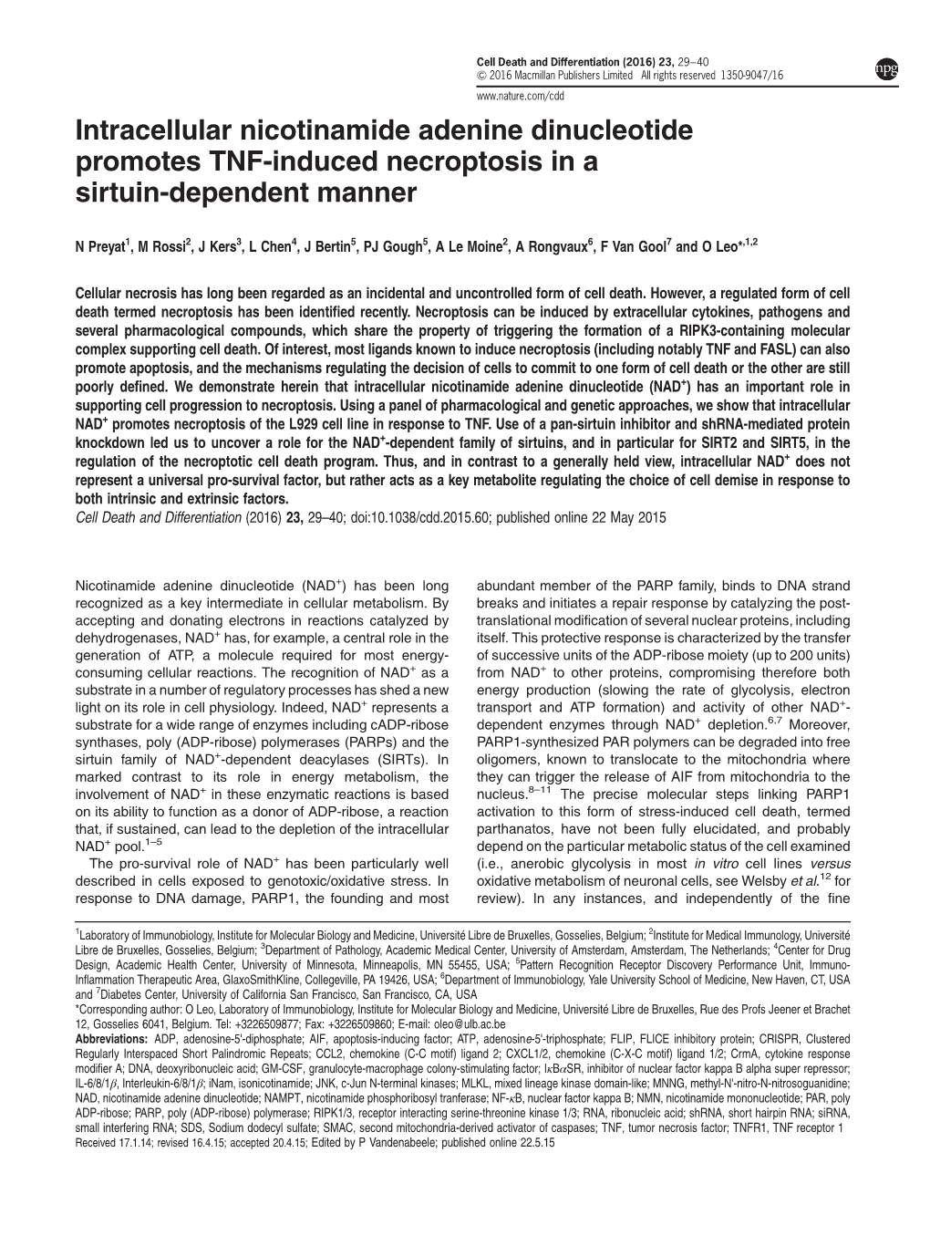 Intracellular Nicotinamide Adenine Dinucleotide Promotes TNF-Induced Necroptosis in a Sirtuin-Dependent Manner