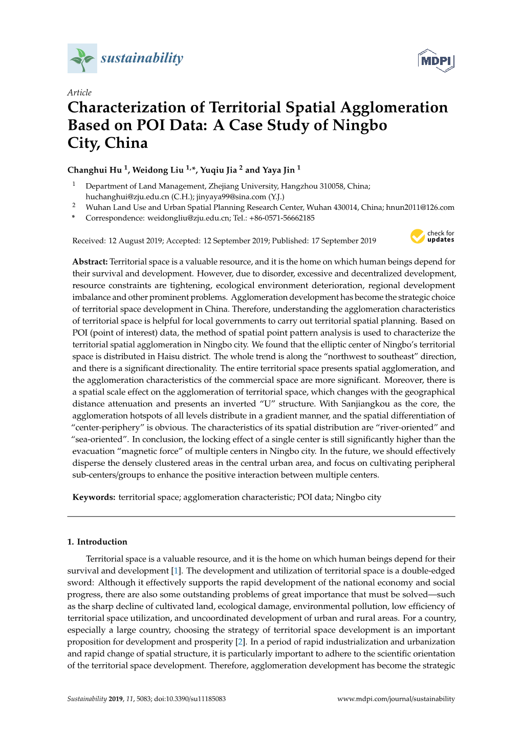Characterization of Territorial Spatial Agglomeration Based on POI Data: a Case Study of Ningbo City, China
