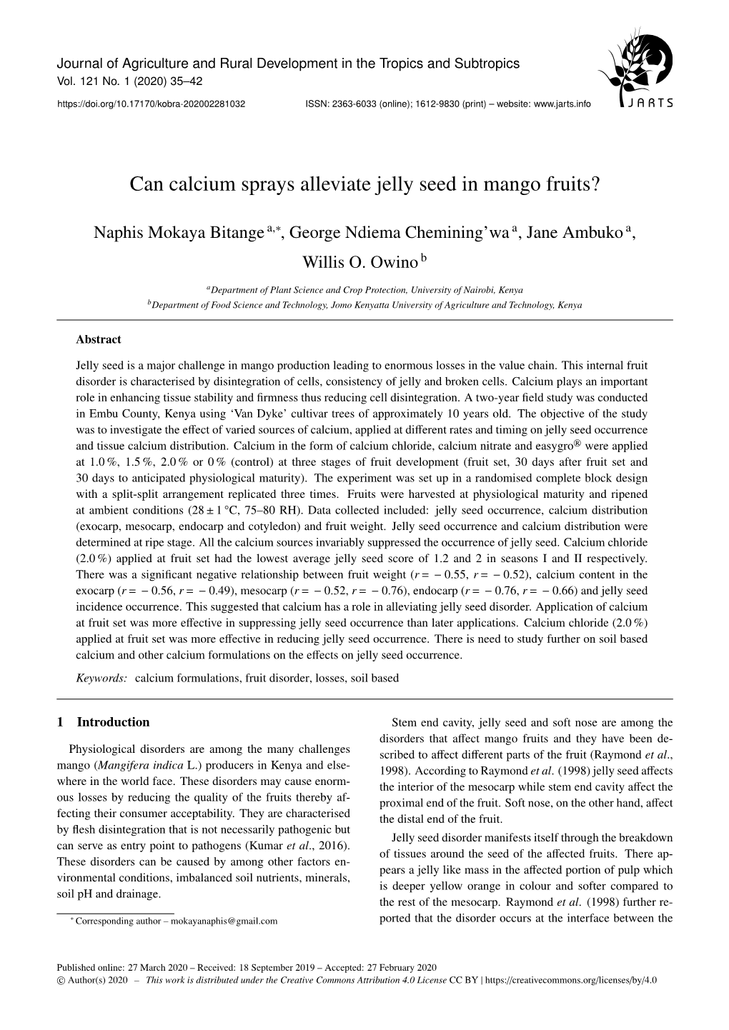 Can Calcium Sprays Alleviate Jelly Seed in Mango Fruits?