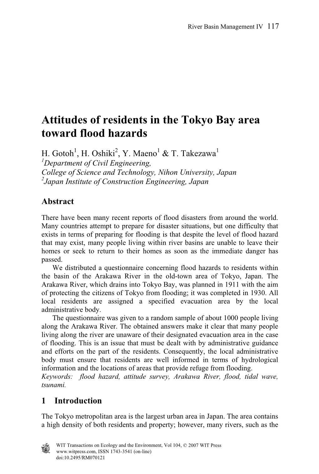 Attitudes of Residents in the Tokyo Bay Area Toward Flood Hazards