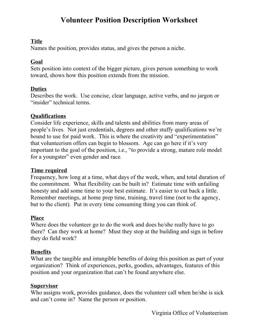 Volunteer Position Description Worksheet