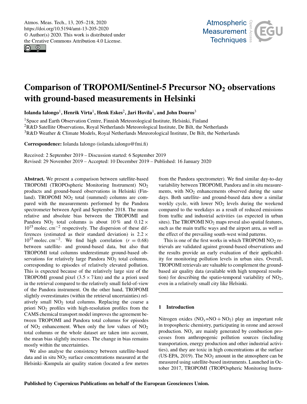 Comparison of TROPOMI/Sentinel-5 Precursor NO2 Observations with Ground-Based Measurements in Helsinki