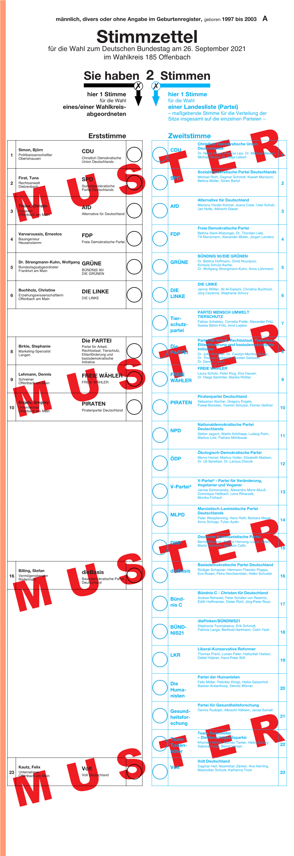Stimmzettel Deutschen Bundestag Am 26