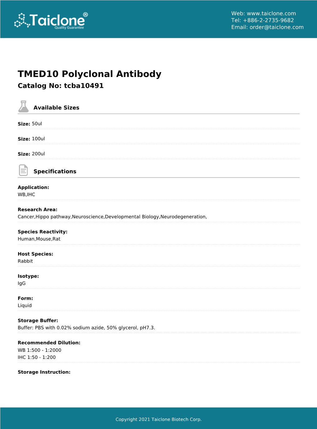 TMED10 Polyclonal Antibody Catalog No: Tcba10491