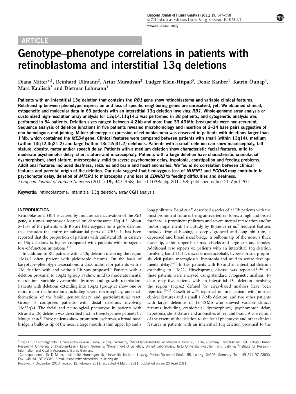 Phenotype Correlations in Patients with Retinoblastoma and Interstitial 13Q Deletions