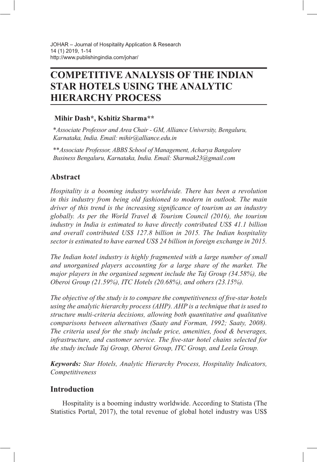 Competitive Analysis of the Indian Star Hotels Using the Analytic Hierarchy Process