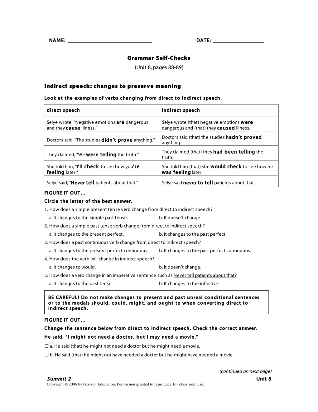 Grammar Self-Checks (Unit 8, Pages 88-89) Indirect Speech: Changes To