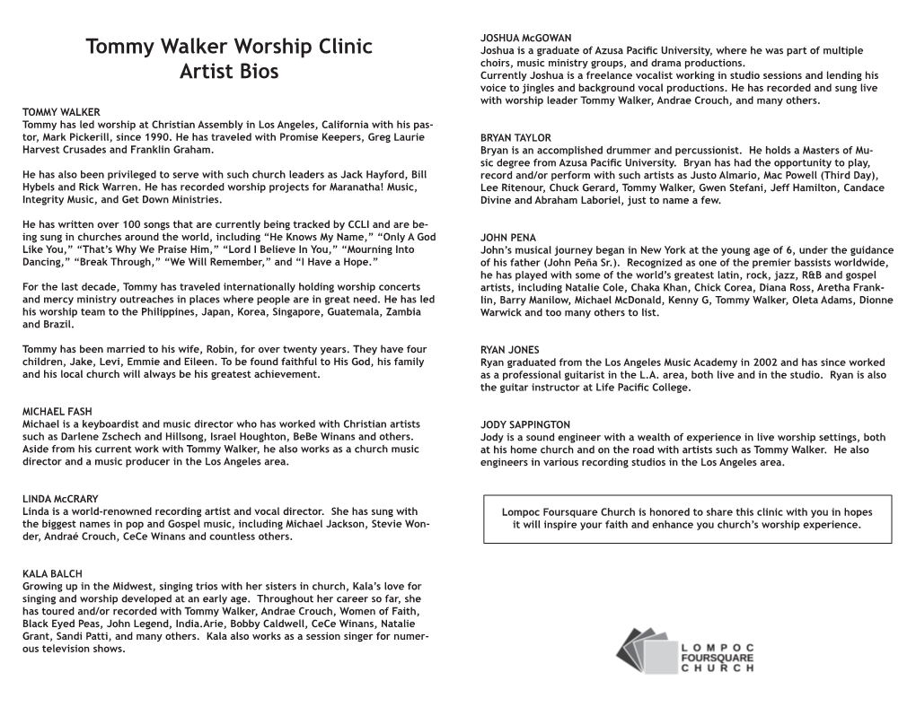 Tommy Walker Worship Clinic Artist Bios