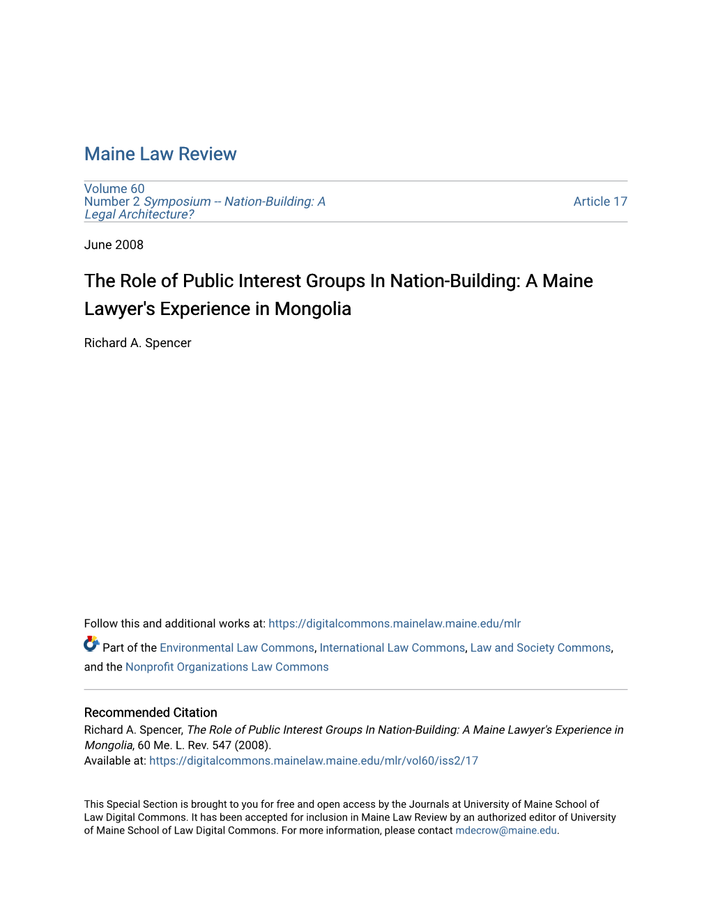 The Role of Public Interest Groups in Nation-Building: a Maine Lawyer's Experience in Mongolia