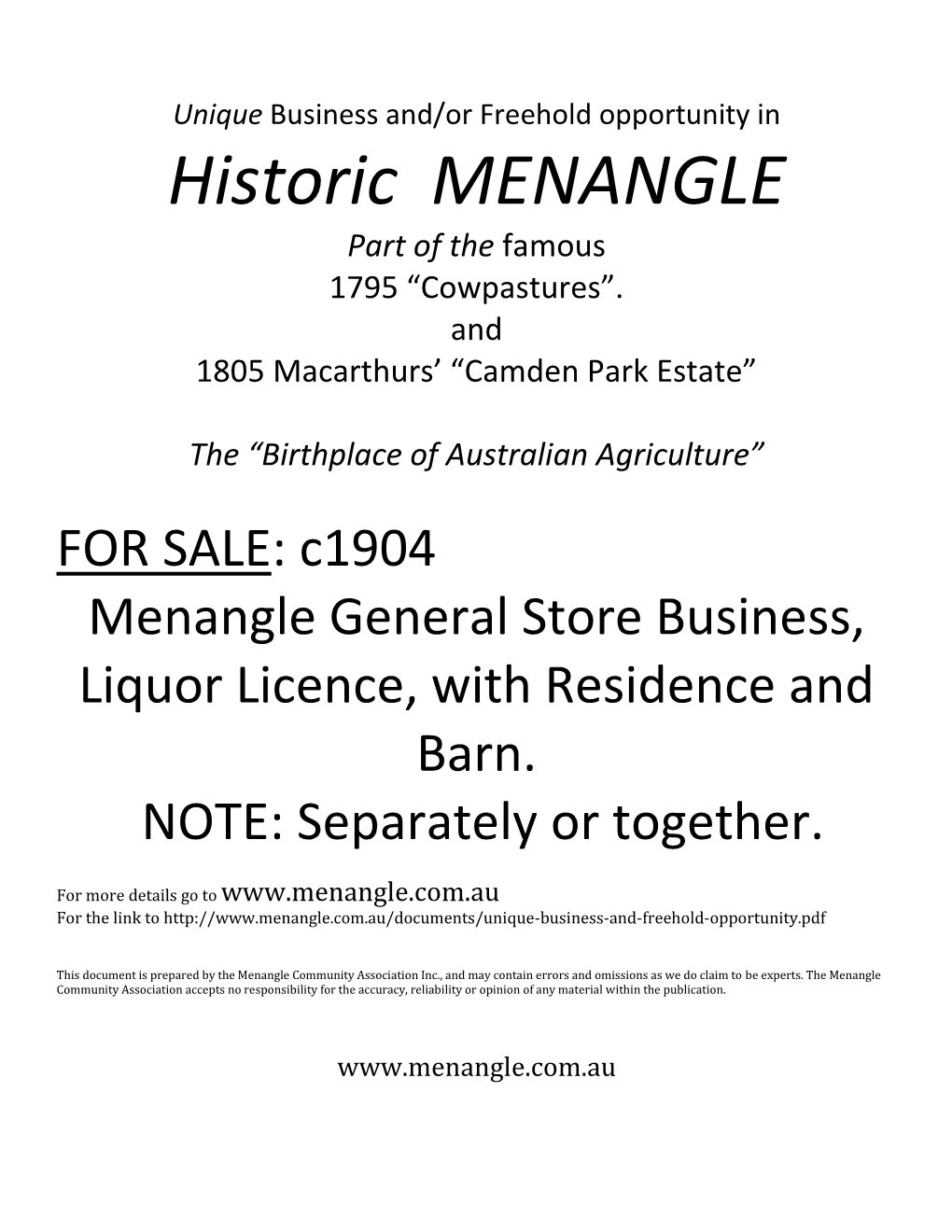 Menangle Store, Residence and Barn: Business And/Or Property