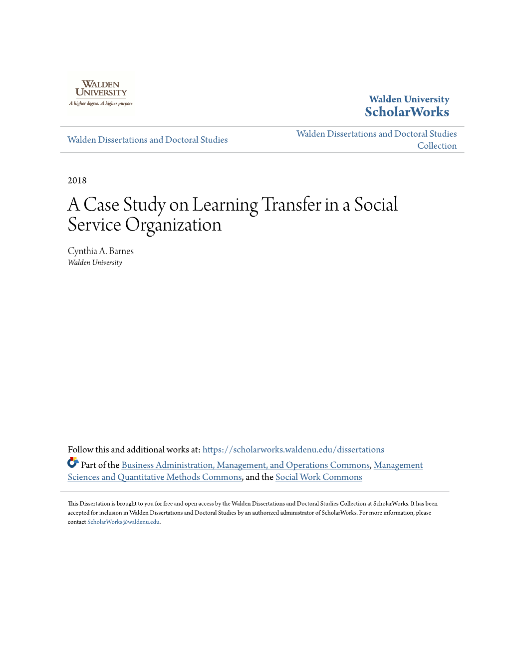 A Case Study on Learning Transfer in a Social Service Organization Cynthia A