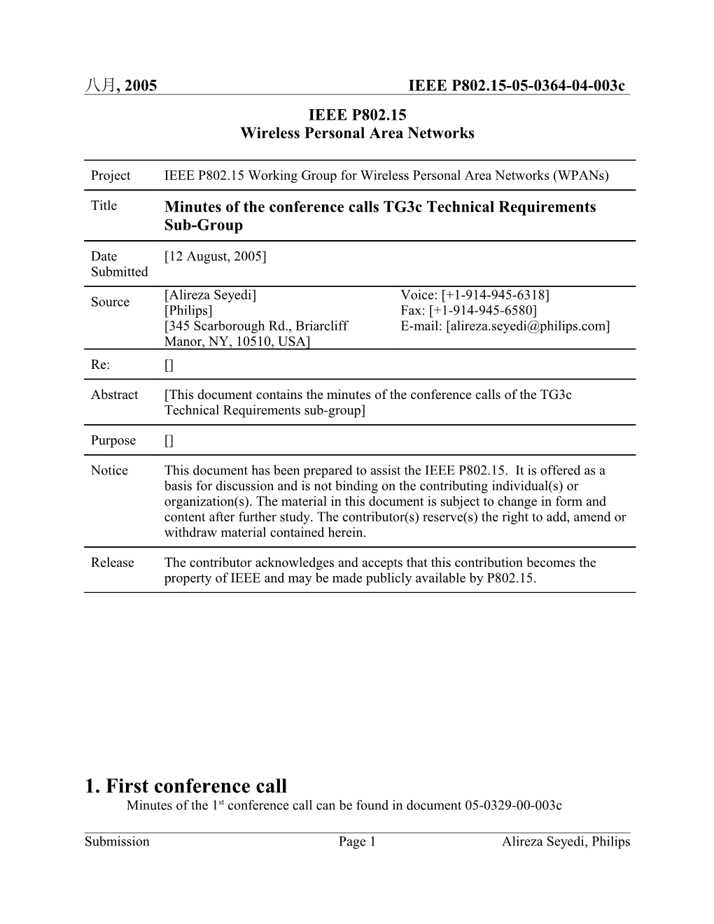 Minutes of the Conference Calls Tg3c Technical Requirements Sub-Group