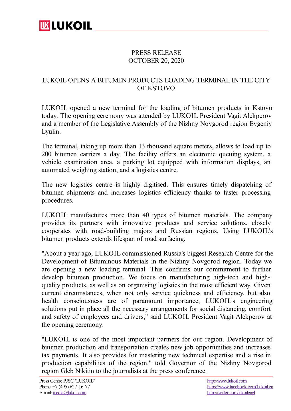 Press Release October 20, 2020 Lukoil Opens a Bitumen