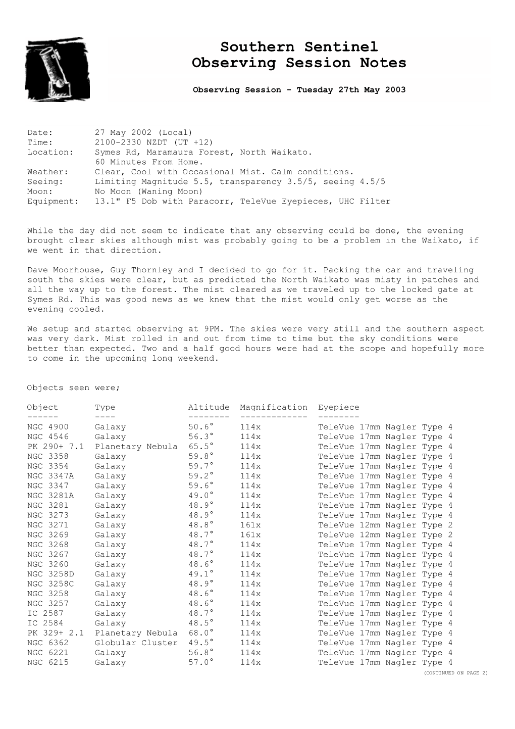 Southern Sentinel Observing Session Notes