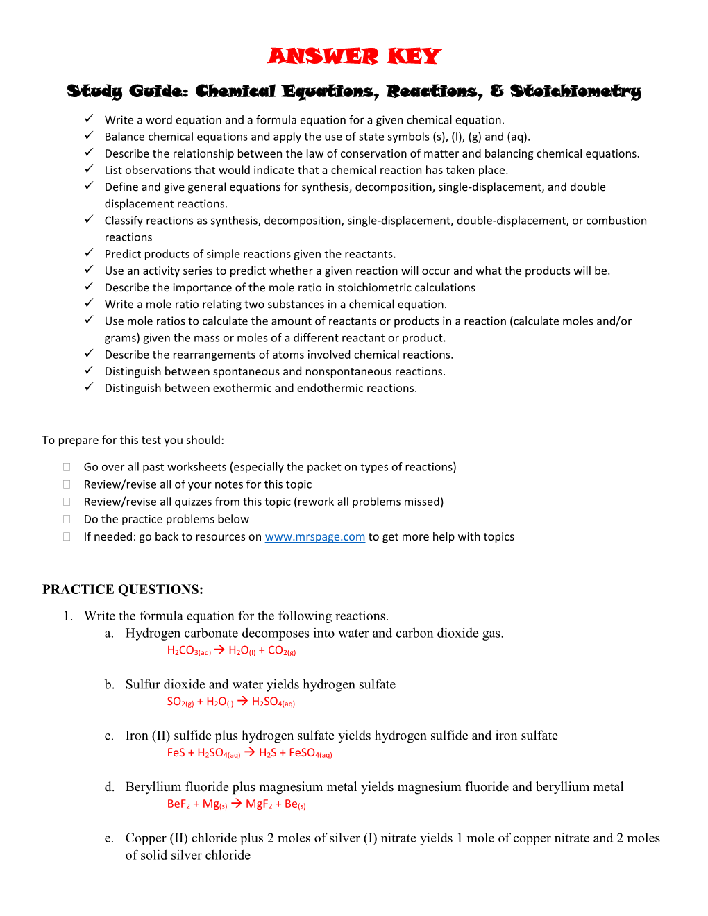 ANSWER KEY Study Guide: Chemical Equations, Reactions, & Stoichiometry