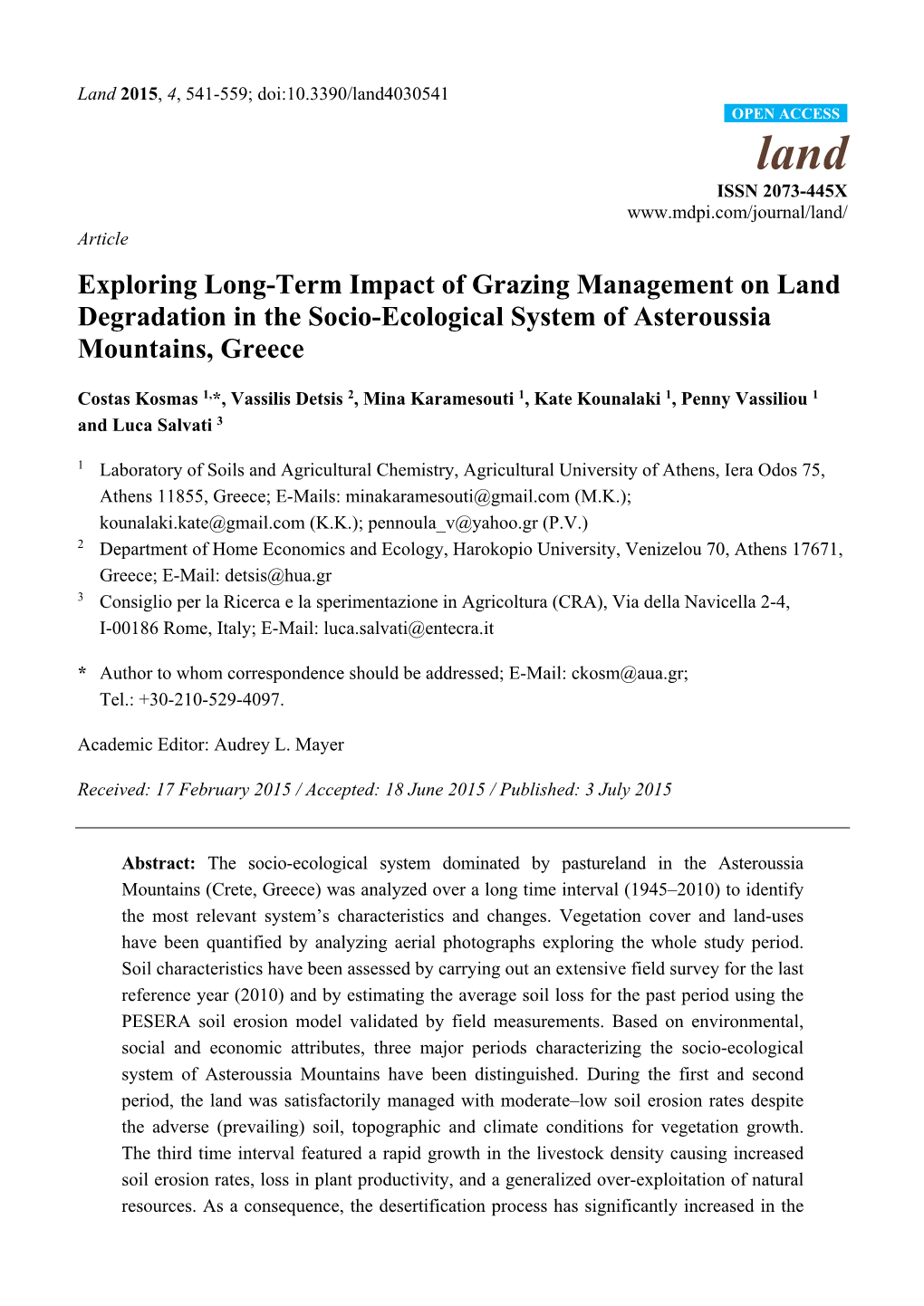 Exploring Long-Term Impact of Grazing Management on Land Degradation in the Socio-Ecological System of Asteroussia Mountains, Greece