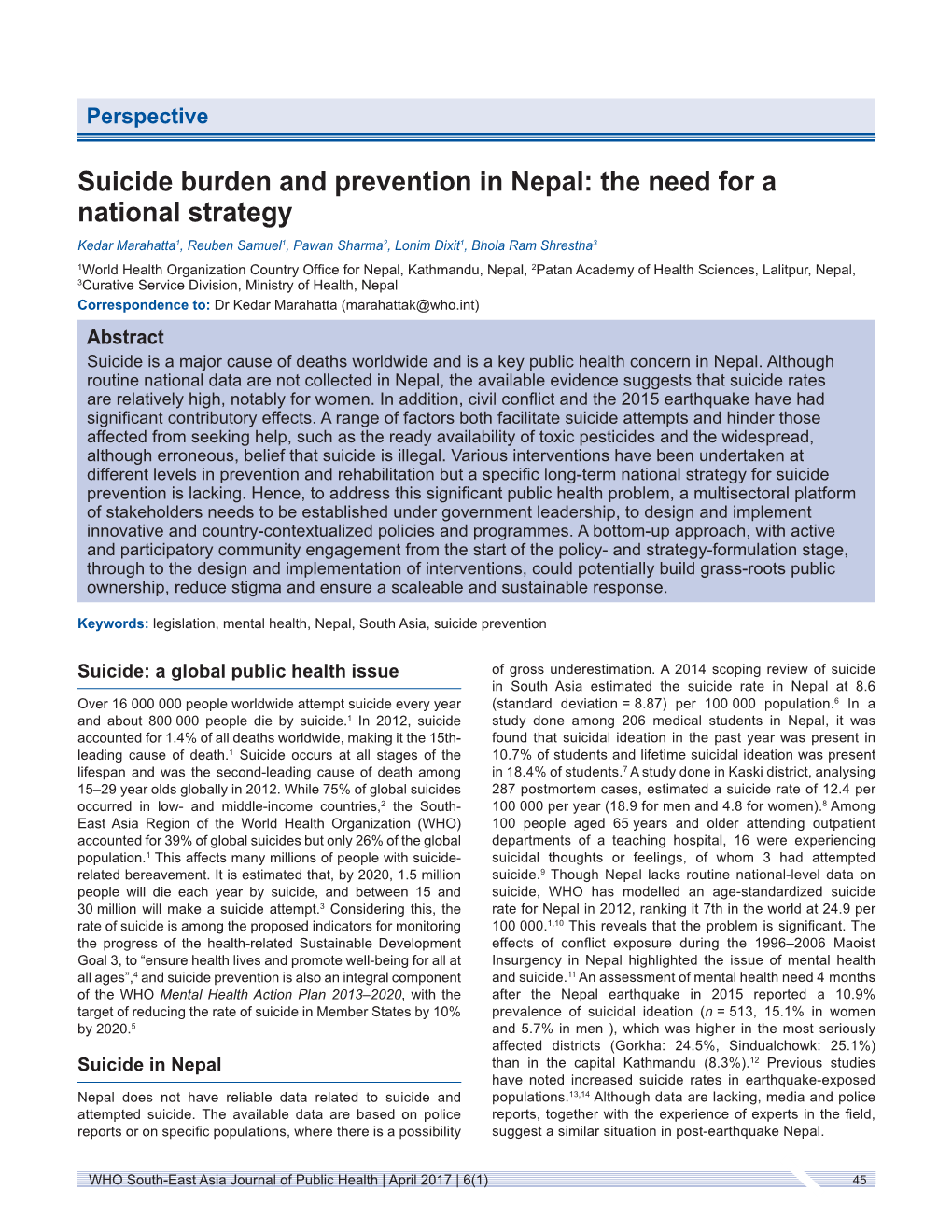 Suicide Burden and Prevention in Nepal