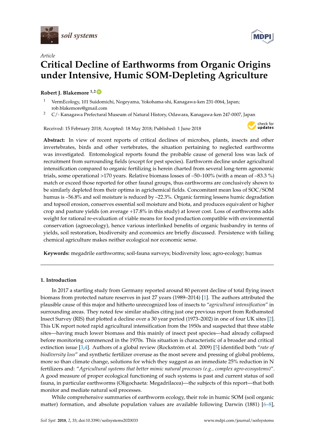 Critical Decline of Earthworms from Organic Origins Under Intensive, Humic SOM-Depleting Agriculture