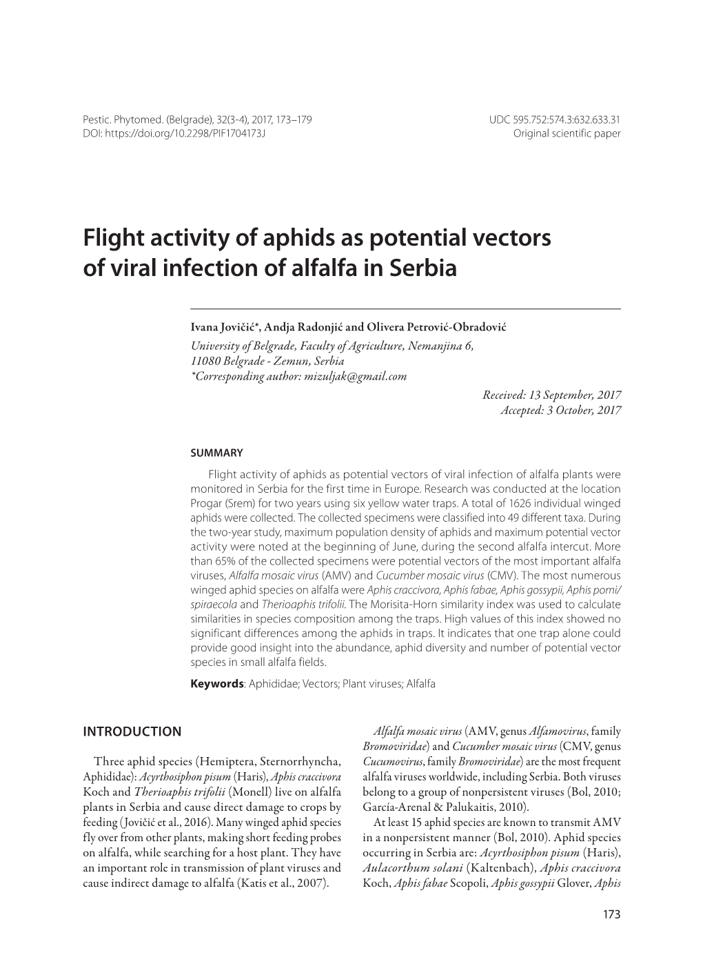 Flight Activity of Aphids As Potential Vectors of Viral Infection of Alfalfa in Serbia