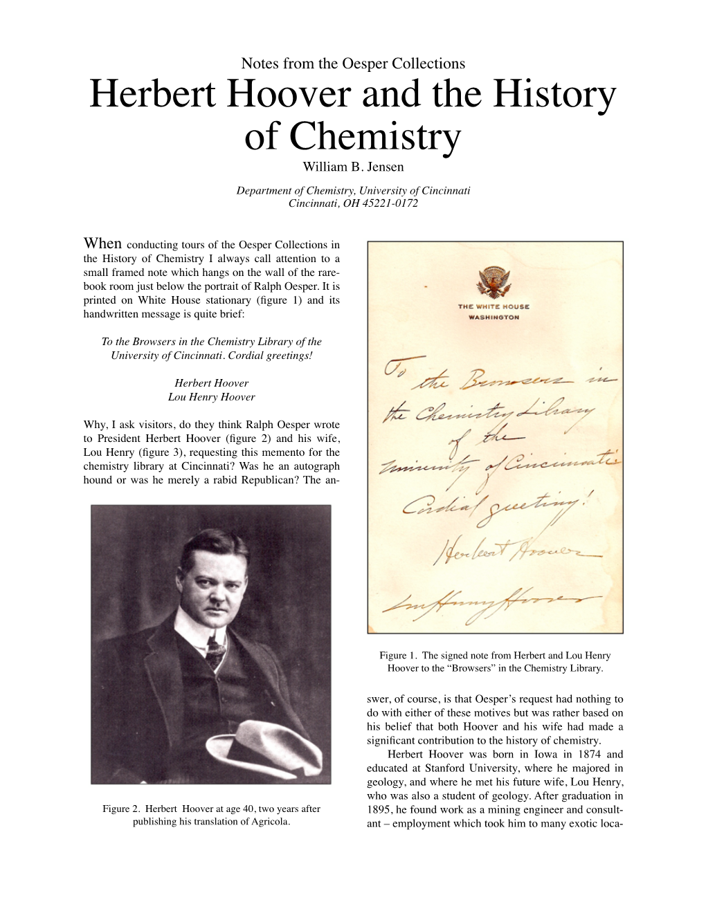 Herbert Hoover and the History of Chemistry William B