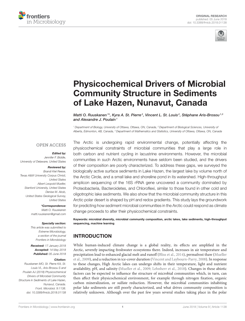 Physicochemical Drivers of Microbial Community Structure in Sediments of Lake Hazen, Nunavut, Canada