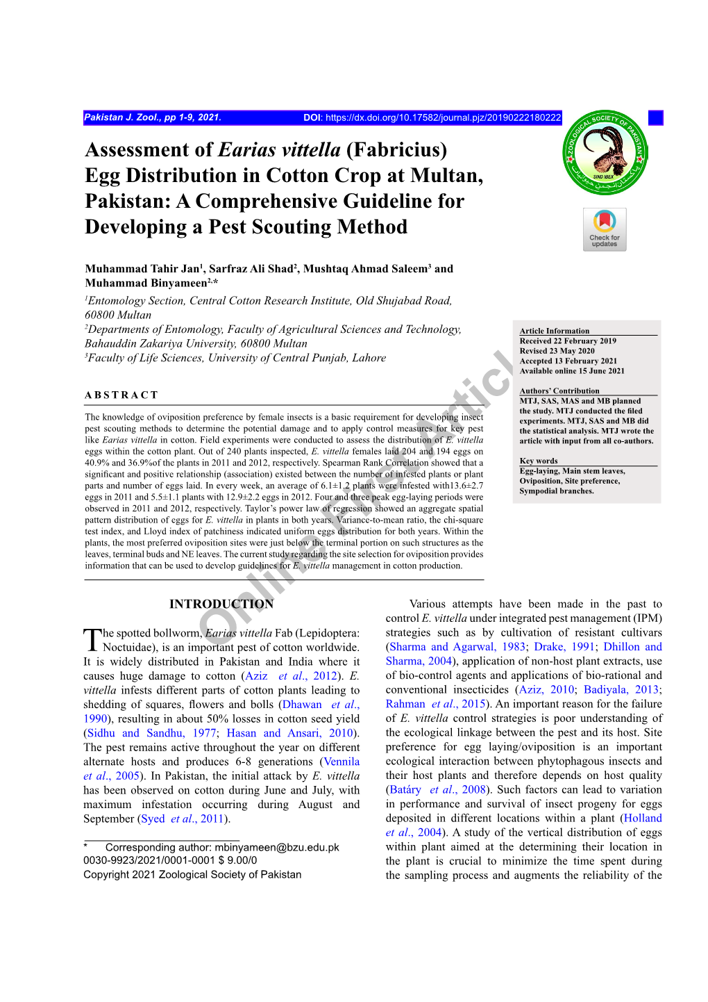 Assessment of Earias Vittella (Fabricius) Egg Distribution in Cotton Crop at Multan, Pakistan: a Comprehensive Guideline for Developing a Pest Scouting Method