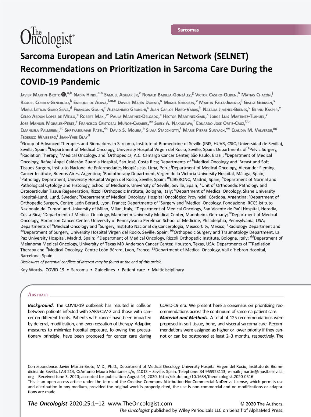 Sarcoma European and Latin American Network (SELNET) Recommendations on Prioritization in Sarcoma Care During the COVID-19 Pandemic