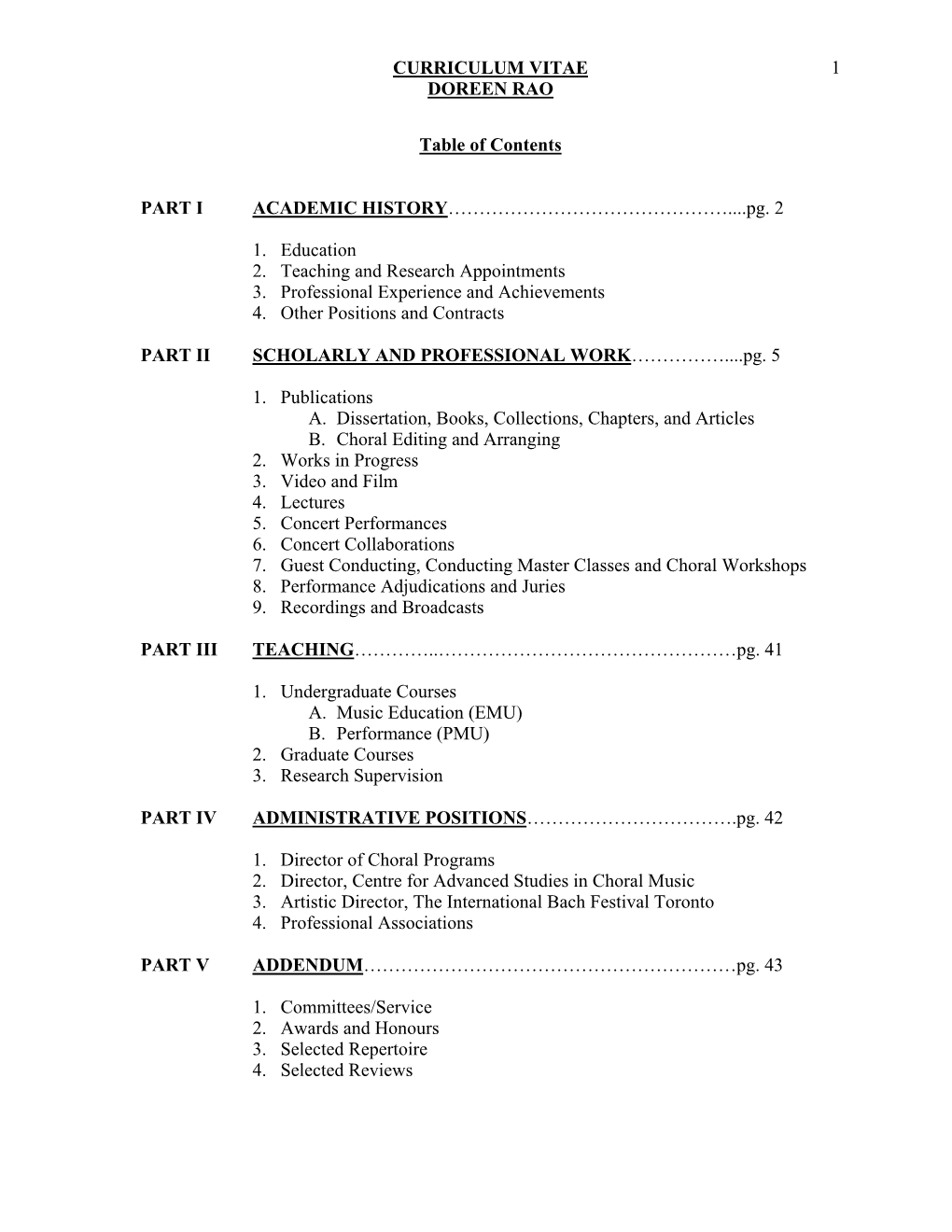 CURRICULUM VITAE DOREEN RAO 1 Table of Contents PART I