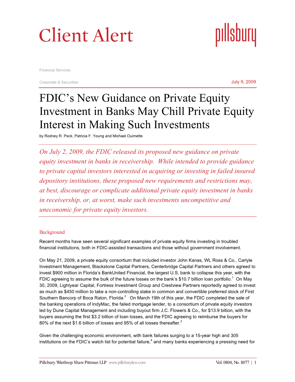 FDIC's New Guidance on Private Equity Investment in Banks May Chill Private Equity Interest in Making Such Investments
