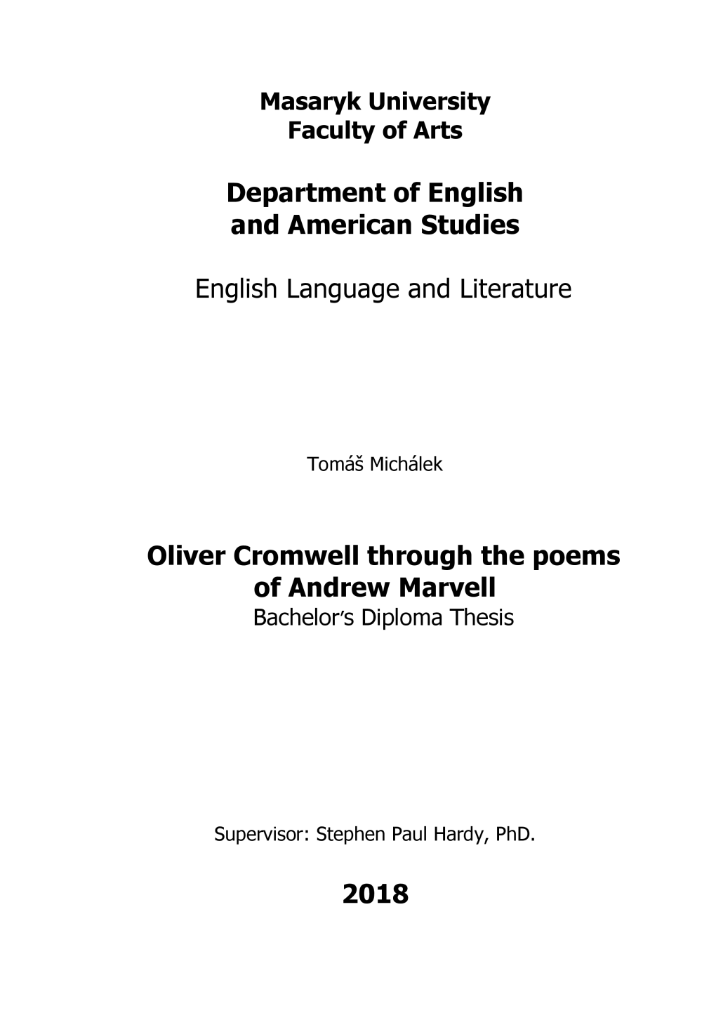Department of English and American Studies Oliver Cromwell Through