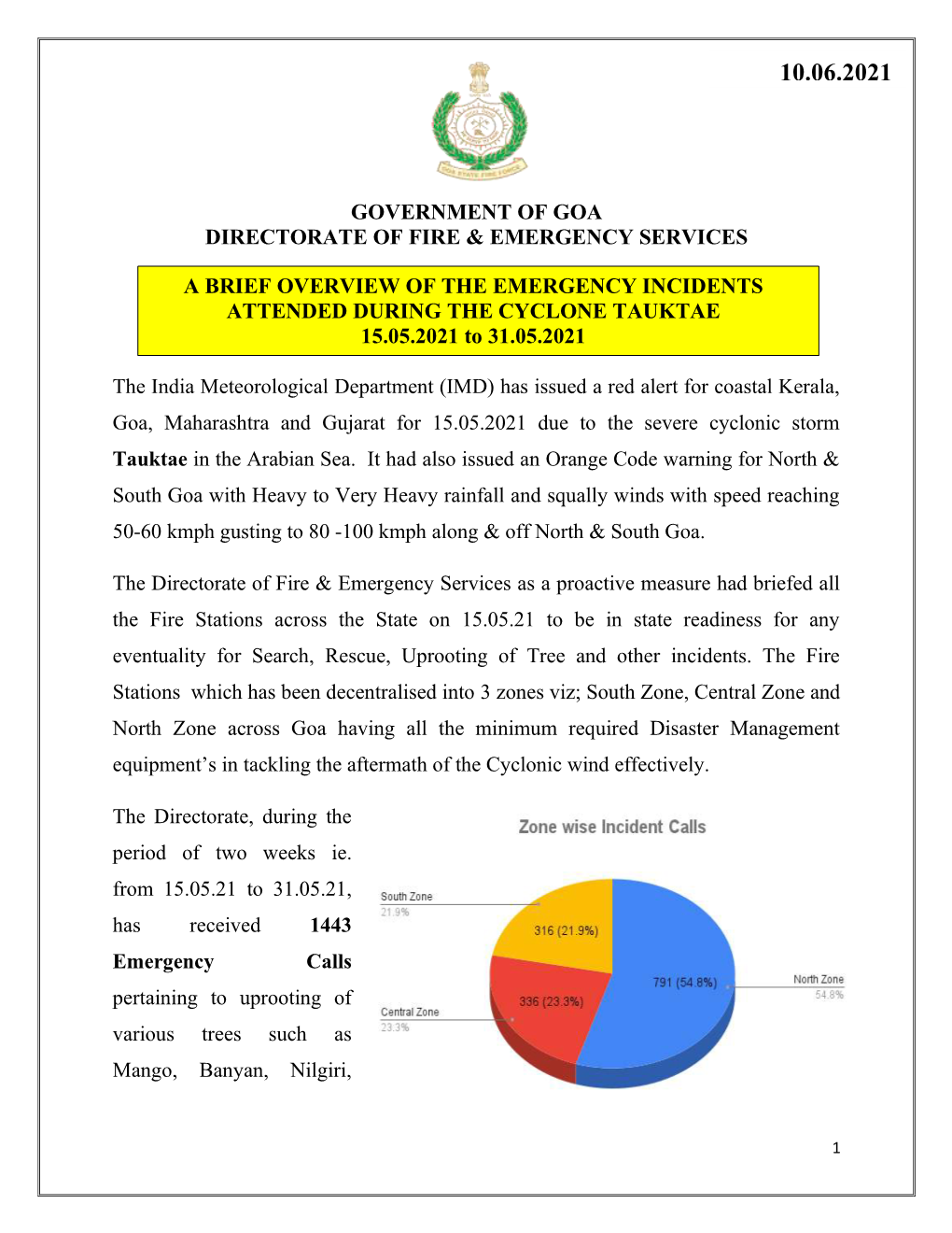 A BRIEF OVERVIEW of the EMERGENCY INCIDENTS ATTENDED DURING the CYCLONE TAUKTAE 15.05.2021 to 31.05.2021