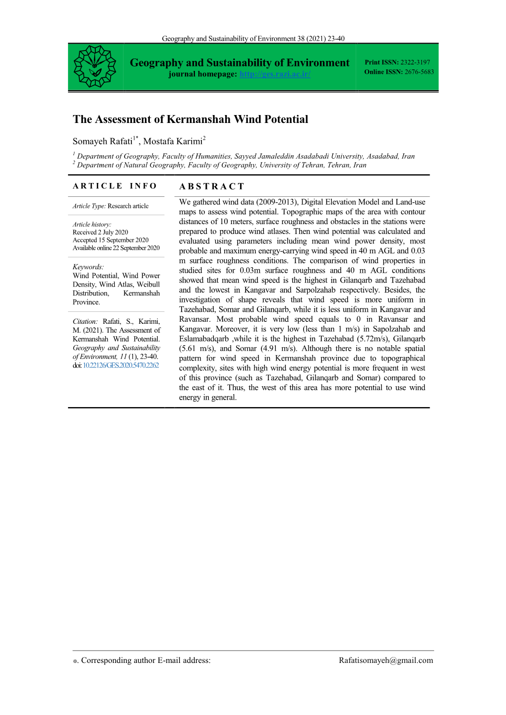 The Assessment of Kermanshah Wind Potential