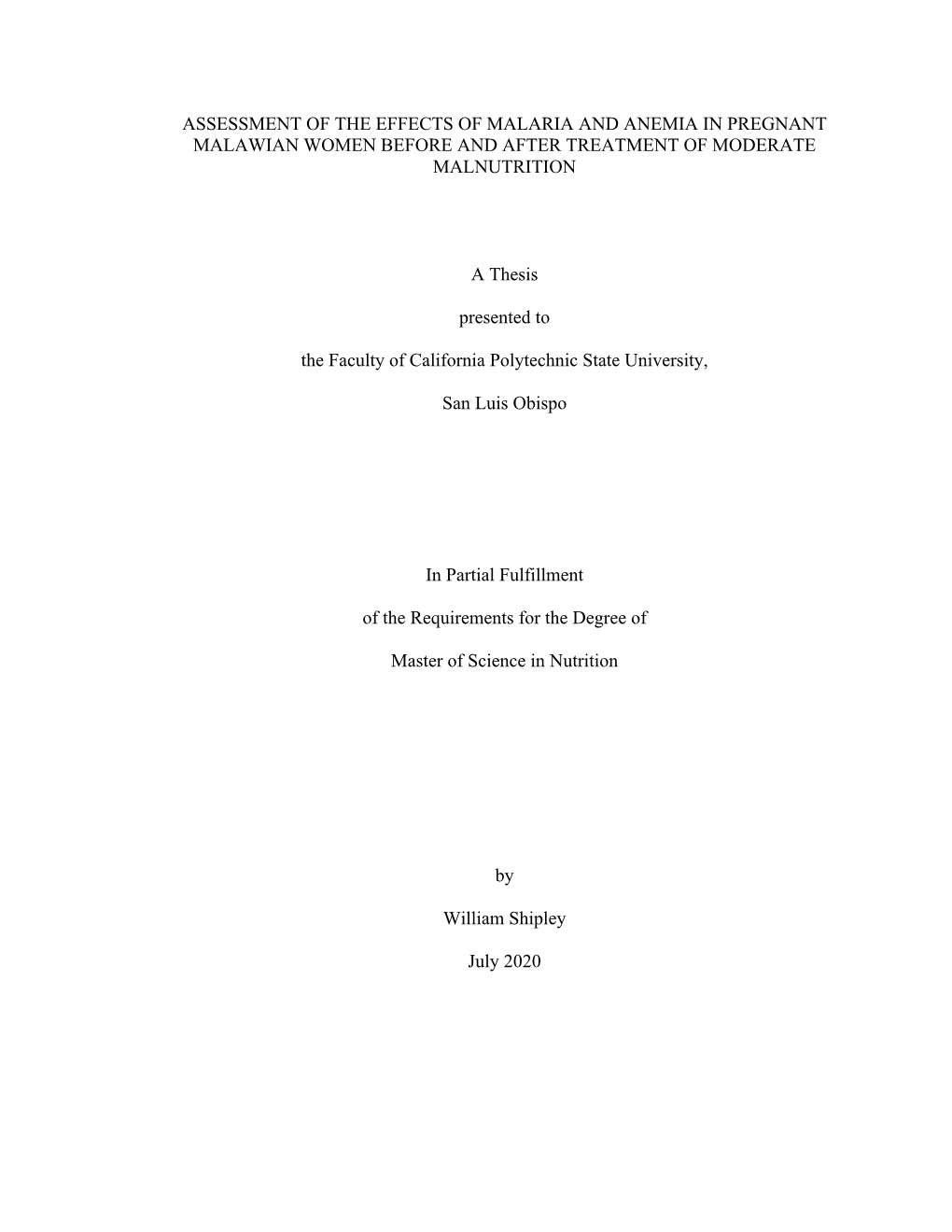 Assessment of the Effects of Malaria and Anemia in Pregnant Malawian Women Before and After Treatment of Moderate Malnutrition