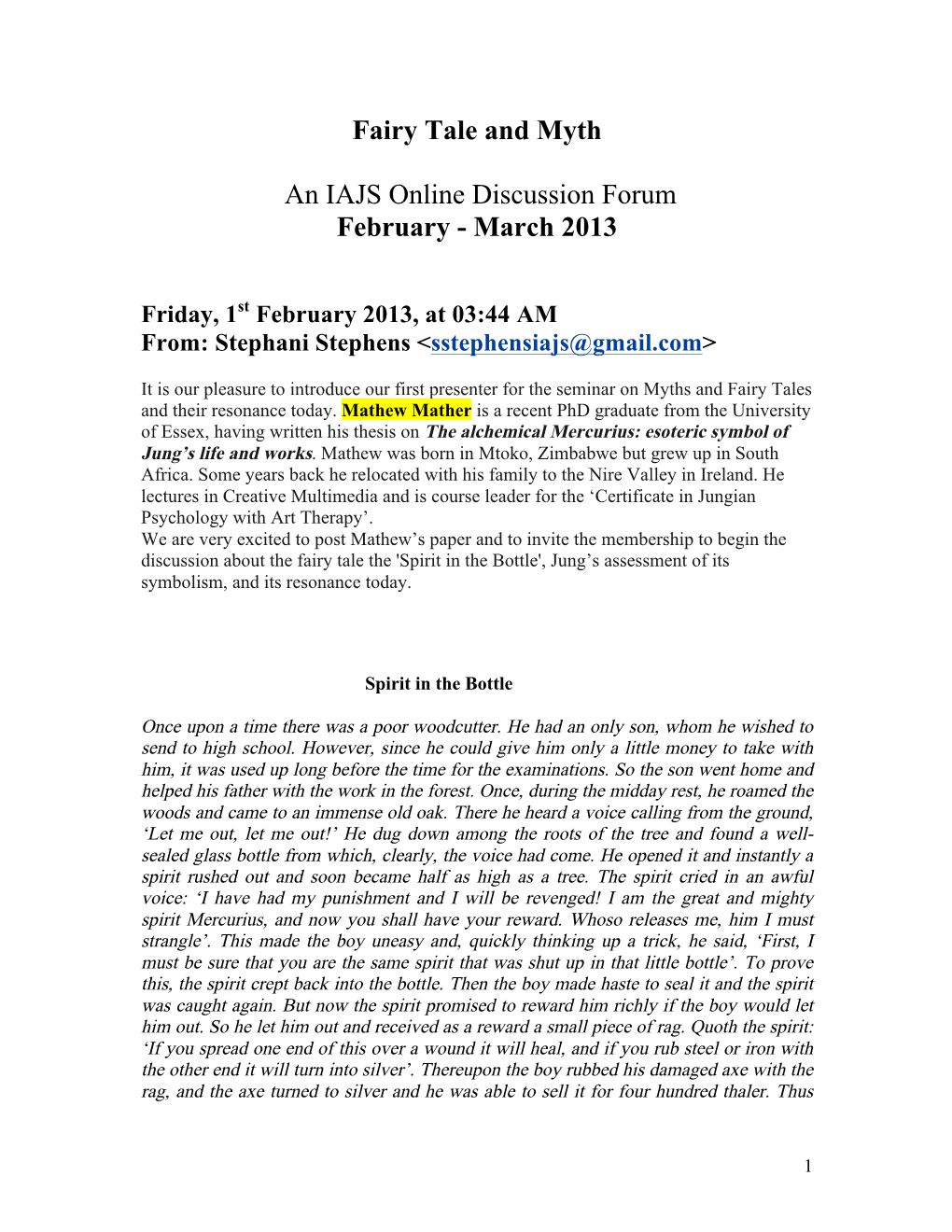 IAJS Myth and Fairy Tales On-Line Seminar Feb. 2013