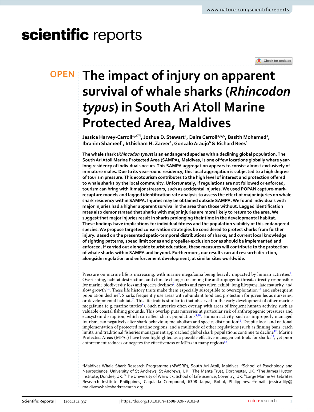 Rhincodon Typus) in South Ari Atoll Marine Protected Area, Maldives Jessica Harvey‑Carroll1,2*, Joshua D