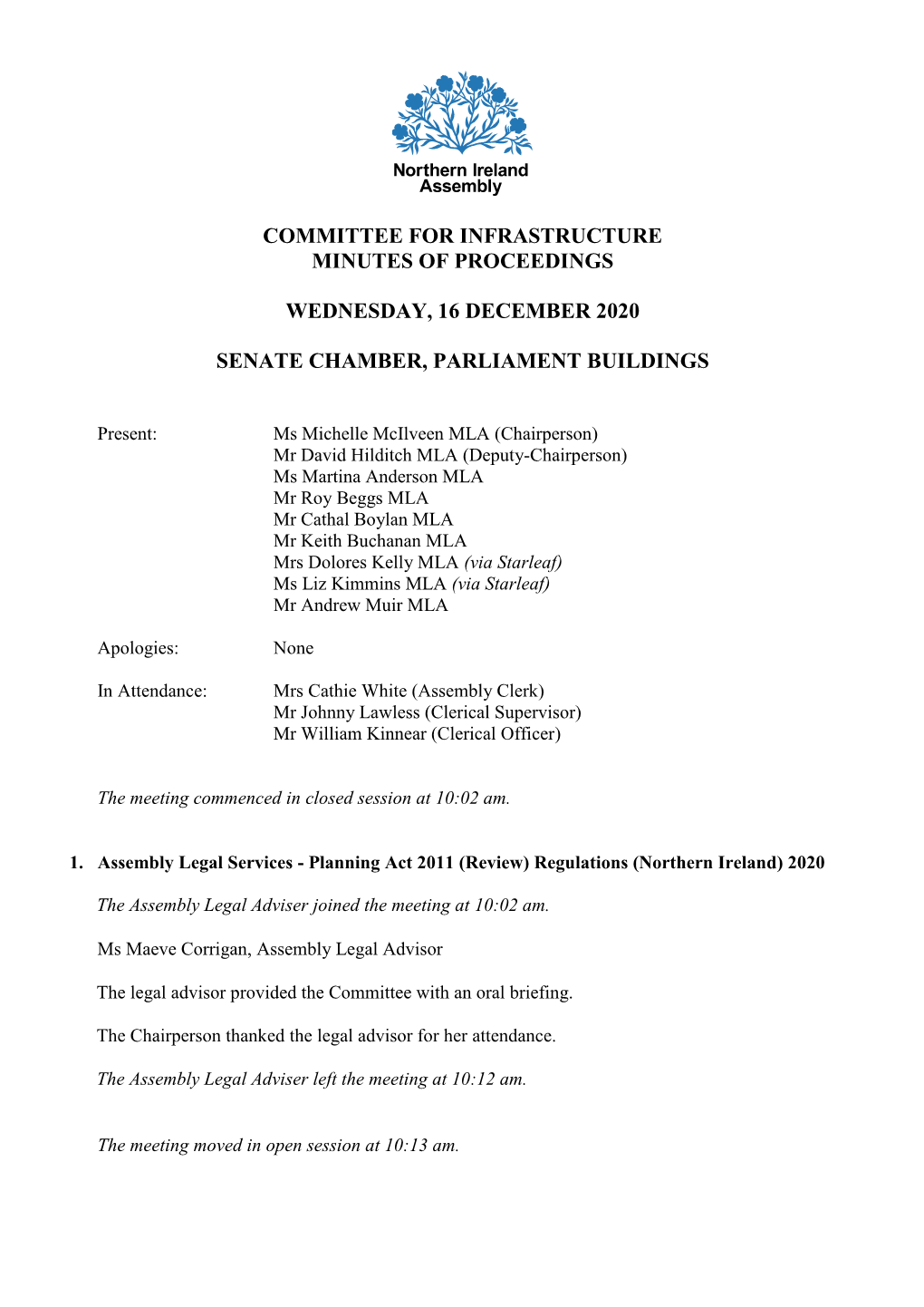 Committee for Infrastructure Meeting Minutes of Proceedings