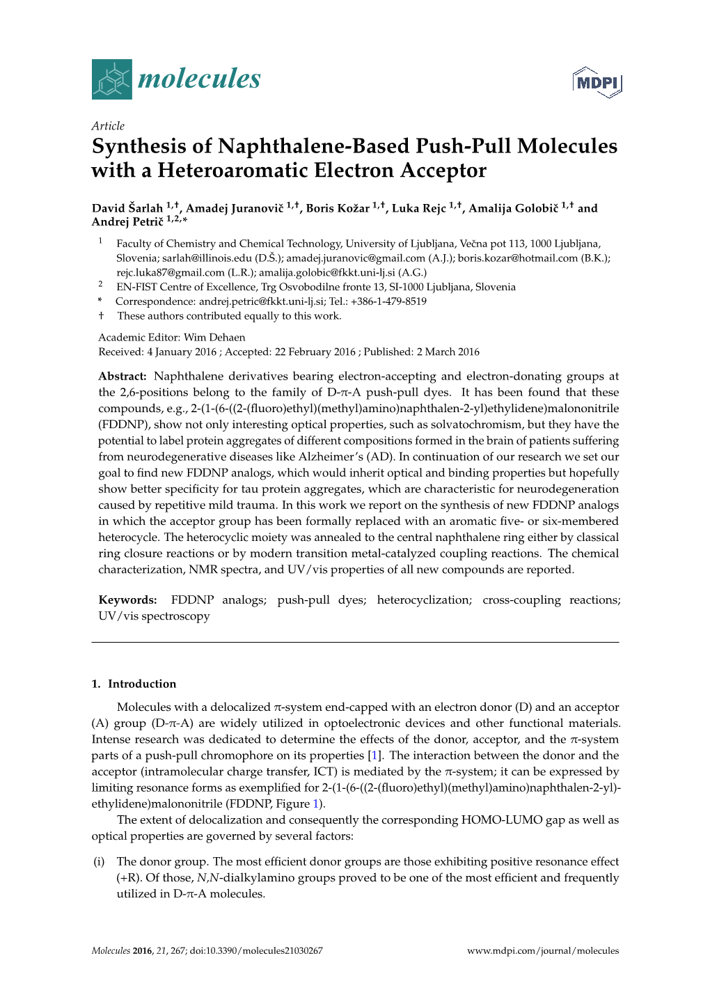 Synthesis of Naphthalene-Based Push-Pull Molecules with a Heteroaromatic Electron Acceptor