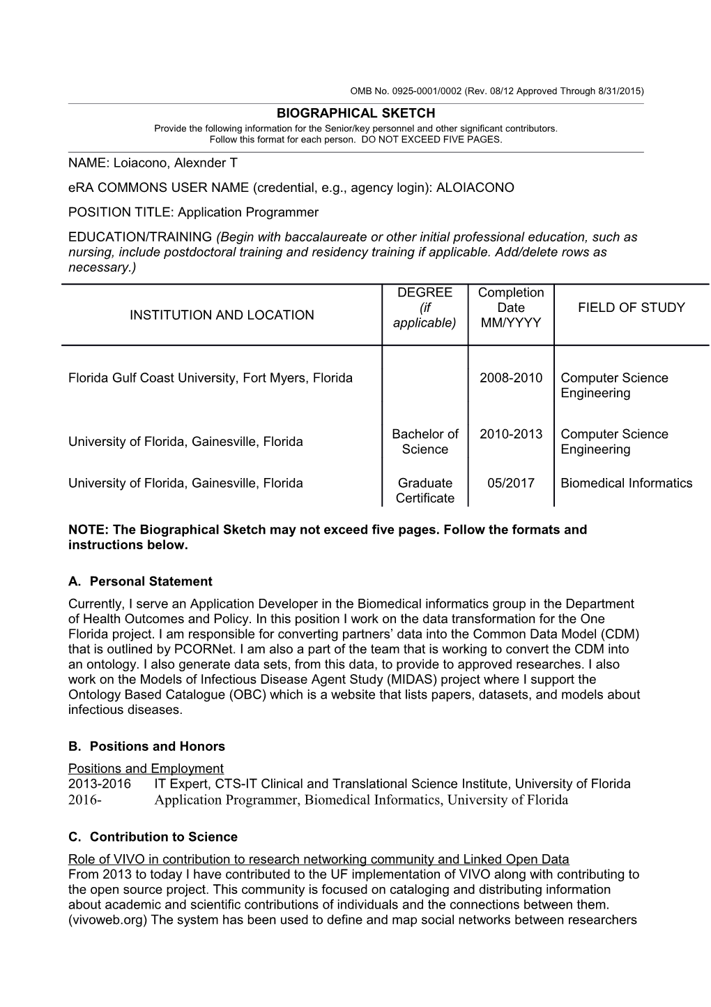 OMB No. 0925-0046, Biographical Sketch Format Page s2