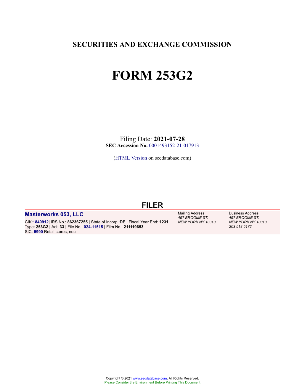 Masterworks 053, LLC Form 253G2 Filed 2021-07-28